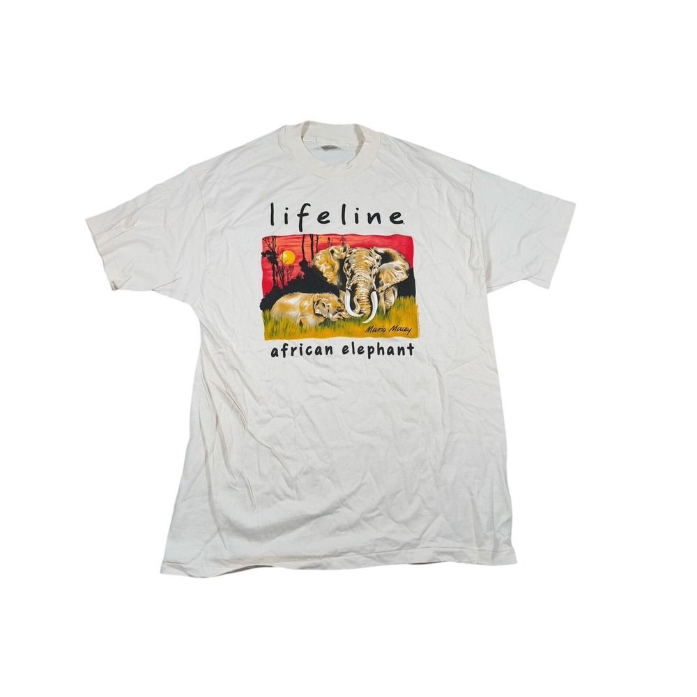 Vintage Lifeline T Shirt Mens XL Biege Elephant Baby‎ Short Sleeve Graphic Print